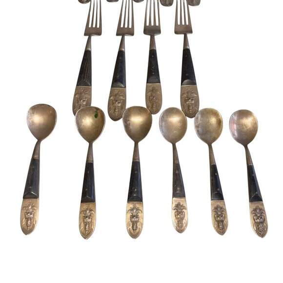 Vintage Rare SIAM Brass Thailand Buddha Flatware Serving Set Thailand 15 Pieces - Picture 3 of 5